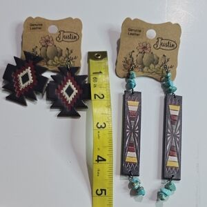 NWT Justin Genuine Leather Boho Aztec Western Style Earrings 2 Pairs